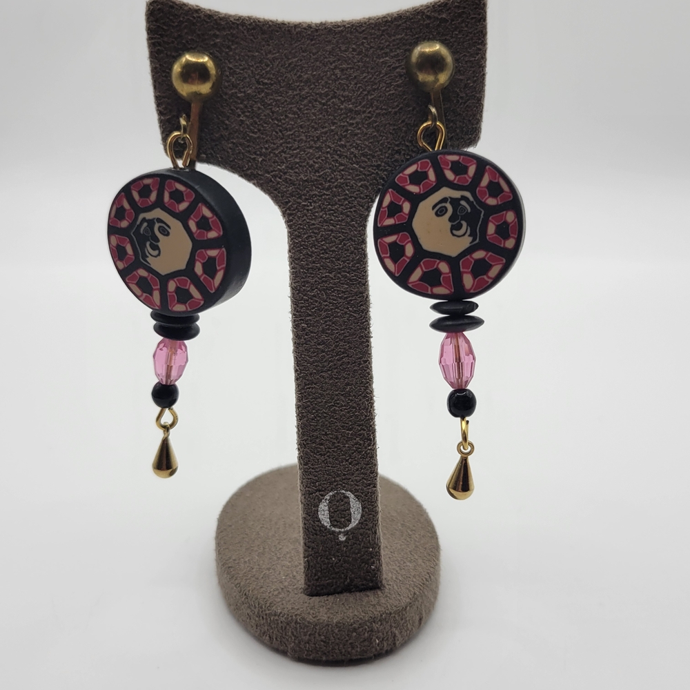 Handmade Black and pink Funky portrait unique Clay dangle earrings